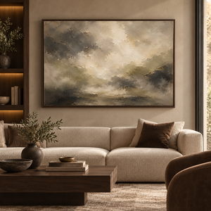 Storm in Stone framed wall art in a dark wood frame above a living room sofa