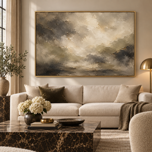 Storm in Stone framed wall art in an antiqued gold frame in a neutral living room