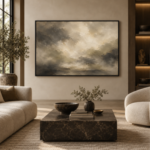 Storm in Stone framed wall art in a black frame in a modern living room