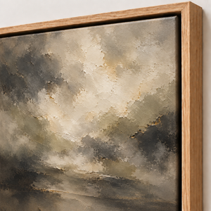 Close-up of the frame corner and canvas edge on Storm in Stone