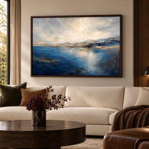 The Far Shore framed wall art hanging above a sofa in a living room