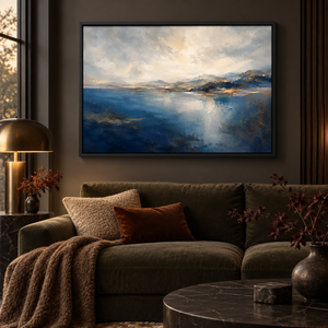 The Far Shore framed wall art in a warm neutral living room