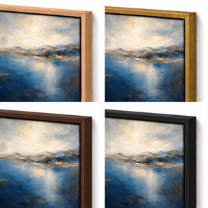 Frame finish options for The Far Shore: natural oak, walnut, black, antiqued gold and silver