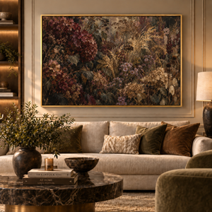 The Forgotten Garden framed wall art in an antiqued gold frame in a neutral living room