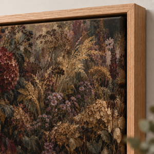 The Forgotten Garden framed wall art in a natural oak frame in a living room