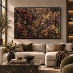 The Forgotten Garden framed wall art in a black frame in a modern living room