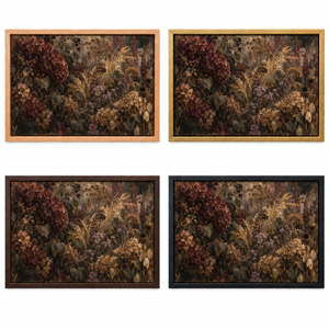 Frame finish options for The Forgotten Garden: natural oak, walnut, black, antiqued gold and silver