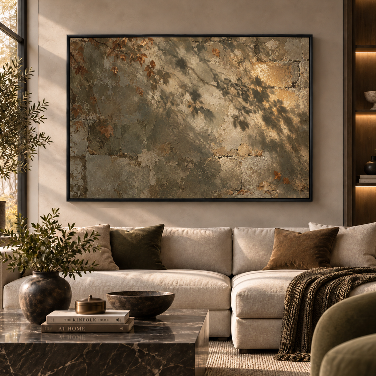 The Golden Leaves framed wall art in a black frame in a modern living room