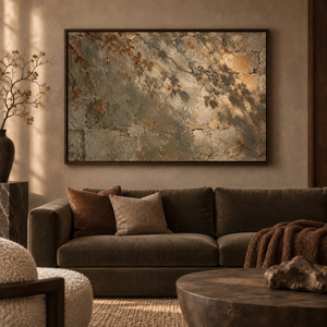 The Golden Leaves framed wall art in a dark wood frame above a living room sofa