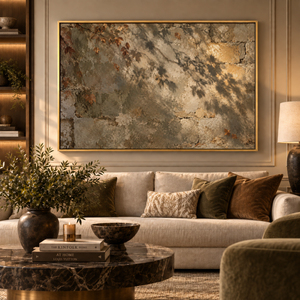 The Golden Leaves framed wall art in an antiqued gold frame in a neutral living room