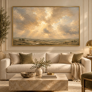 The Great Light framed wall art in an antiqued gold frame in a neutral living room