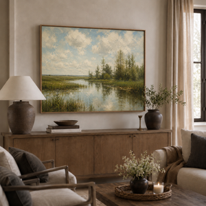 The Greenway framed wall art hanging above a sofa in a living room