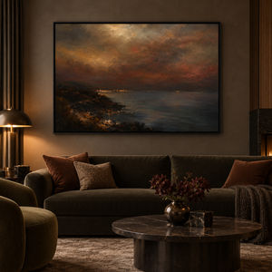 The Last Ember framed wall art in a warm neutral living room