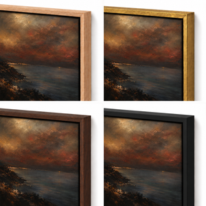 Frame finish options for The Last Ember: natural oak, walnut, black, antiqued gold and silver