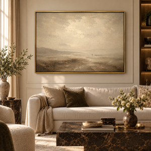 The Muted Way framed wall art in an antiqued gold frame in a neutral living room