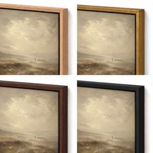 Frame finish options for The Muted Way: natural oak, walnut, black, antiqued gold and silver