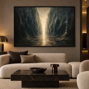 The Narrow Way framed wall art in a black frame in a modern living room