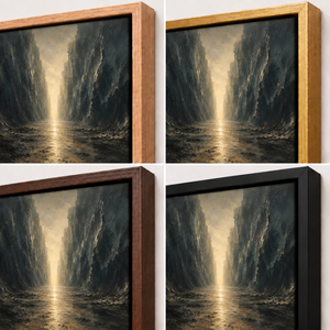 Frame finish options for The Narrow Way: natural oak, walnut, black, antiqued gold and silver