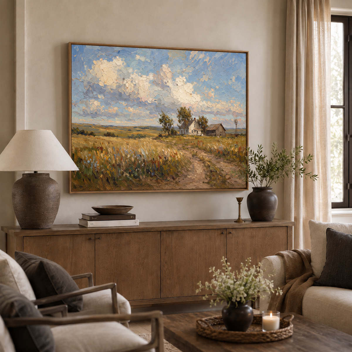 The Prairie framed wall art hanging above a sofa in a living room