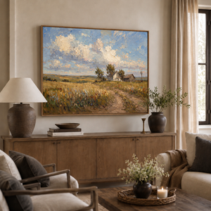 The Prairie framed wall art hanging above a sofa in a living room