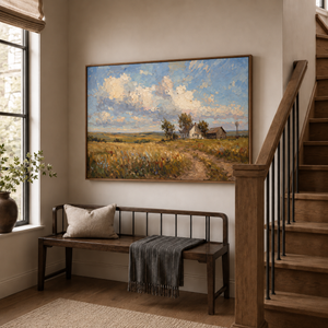 The Prairie framed wall art in an entryway above a console table