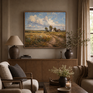 The Prairie framed wall art in a warm neutral living room
