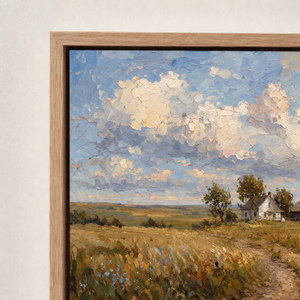Close-up of the frame corner and canvas edge on The Prairie