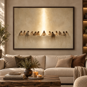 The Quiet Light framed wall art in a dark wood frame above a living room sofa