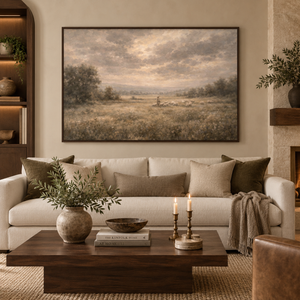 The Shepherd and His Flock framed wall art in a dark wood frame above a living room sofa