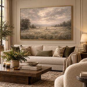 The Shepherd and His Flock framed wall art in an antiqued gold frame in a neutral living room