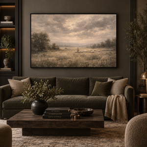 The Shepherd and His Flock framed wall art in a black frame in a modern living room