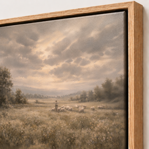Close-up of the frame corner and canvas edge on The Shepherd and His Flock