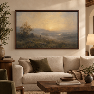 The Shepherd Returns framed wall art in a dark wood frame above a living room sofa