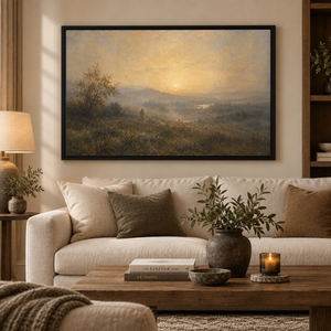 The Shepherd Returns framed wall art in an antiqued gold frame in a neutral living room