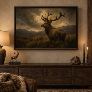 The Stag framed wall art hanging above a sofa in a living room