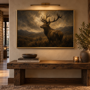 The Stag framed wall art in an entryway above a console table