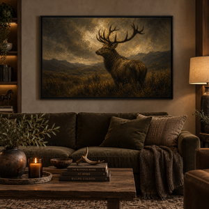 The Stag framed wall art in a warm neutral living room