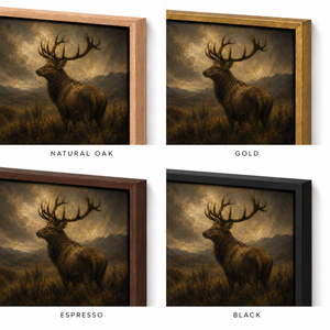 Frame finish options for The Stag: natural oak, walnut, black, antiqued gold and silver