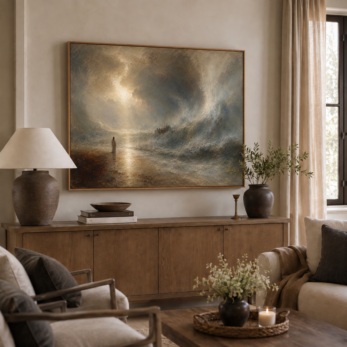 The Storm framed wall art hanging above a sofa in a living room
