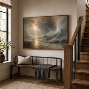 The Storm framed wall art in an entryway above a console table