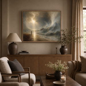 The Storm framed wall art in a warm neutral living room