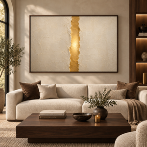 The Veil Torn framed wall art in a dark wood frame above a living room sofa