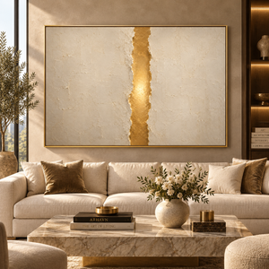 The Veil Torn framed wall art in an antiqued gold frame in a neutral living room