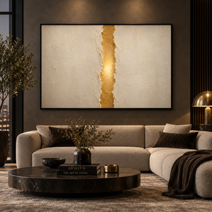 The Veil Torn framed wall art in a black frame in a modern living room