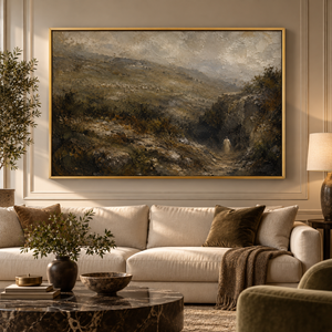 Through the Valley framed wall art in an antiqued gold frame in a neutral living room