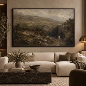 Through the Valley framed wall art in a black frame in a modern living room