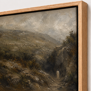 Close-up of the frame corner and canvas edge on Through the Valley