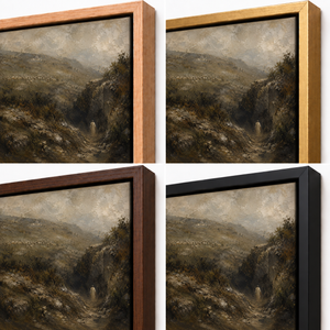 Frame finish options for Through the Valley: natural oak, walnut, black, antiqued gold and silver