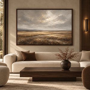Umber Ground framed wall art in a dark wood frame above a living room sofa