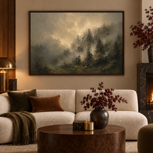 Veiled Pines framed wall art in a dark wood frame above a living room sofa